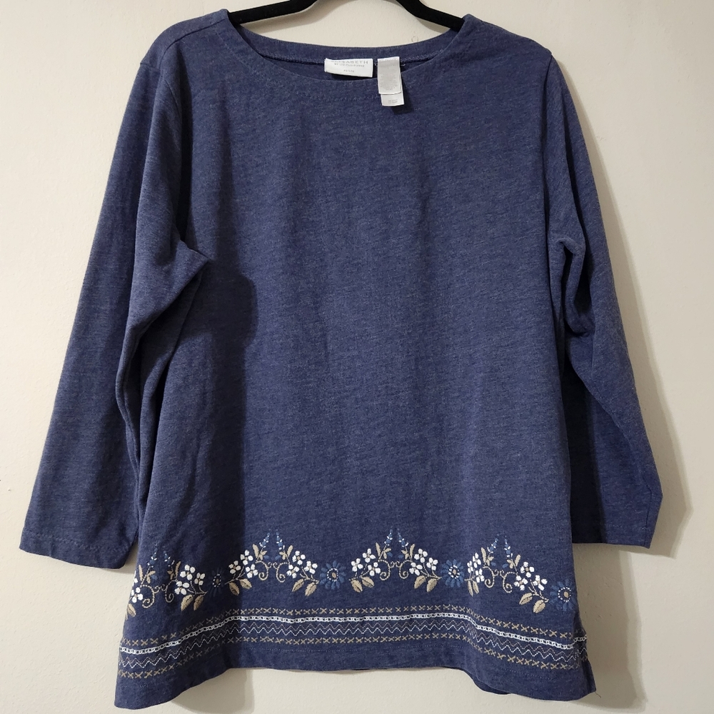 Elisabeth By Liz Claiborne Blue Embellished Longsleeve Blouse Size 1 Petite Plus
